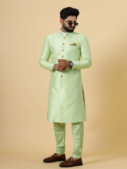 Stunning Pistachio Green Banarasi Brocade Achkan for Men | Father Son Combo | Perfect for Grooms