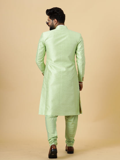 Stunning Pistachio Green Banarasi Brocade Achkan for Men | Father Son Combo | Perfect for Grooms