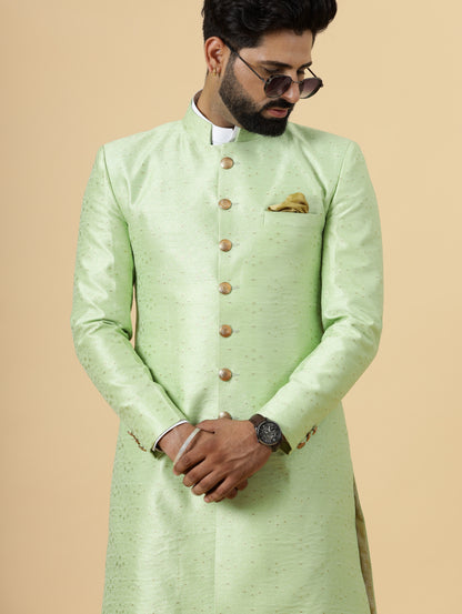 Stunning Pistachio Green Banarasi Brocade Achkan for Men | Father Son Combo | Perfect for Grooms