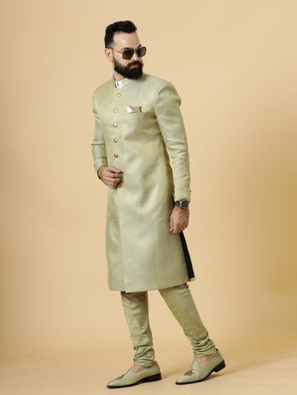 Stunning Lime Gold Banarasi Brocade Achkan for Men | Father Son Combo | Perfect for Grooms