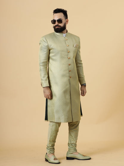 Stunning Lime Gold Banarasi Brocade Achkan for Men | Father Son Combo | Perfect for Grooms