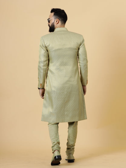 Stunning Lime Gold Banarasi Brocade Achkan for Men | Father Son Combo | Perfect for Grooms