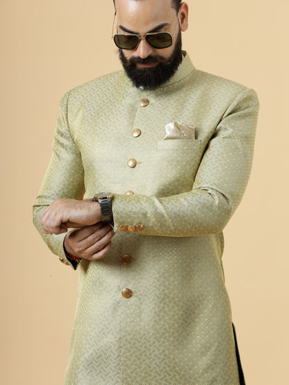 Stunning Lime Gold Banarasi Brocade Achkan for Men | Father Son Combo | Perfect for Grooms