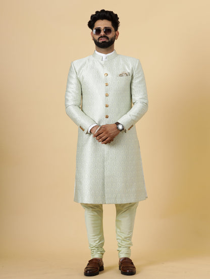 Stunning Beige Banarasi Brocade Achkan for Men | Father Son Combo | Pastel Colour Sherwani | Perfect for Grooms