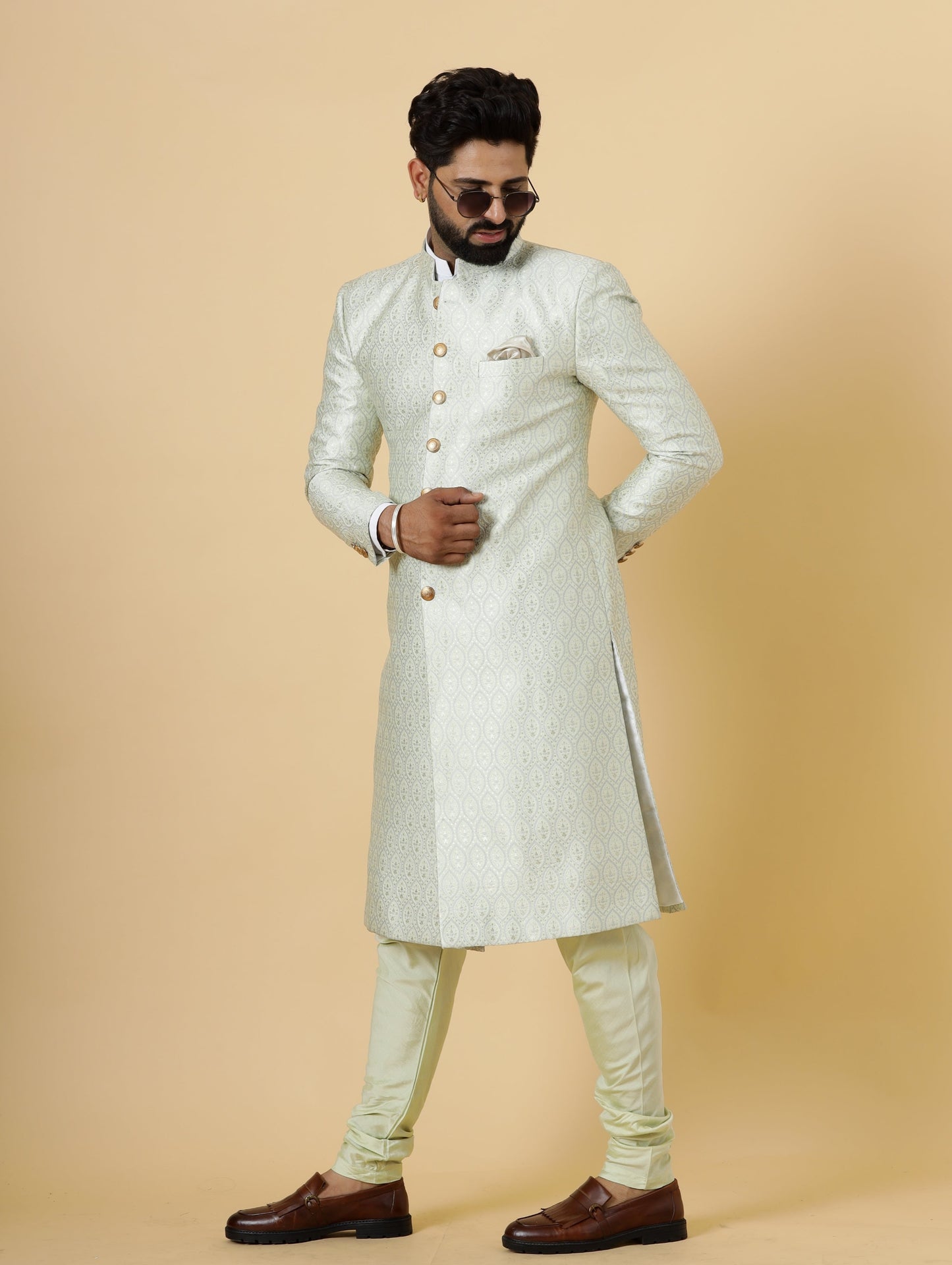 Stunning Beige Banarasi Brocade Achkan for Men | Father Son Combo | Pastel Colour Sherwani | Perfect for Grooms