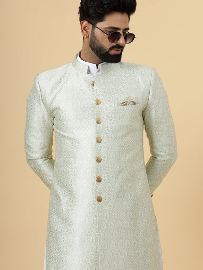 Stunning Beige Banarasi Brocade Achkan for Men | Father Son Combo | Pastel Colour Sherwani | Perfect for Grooms