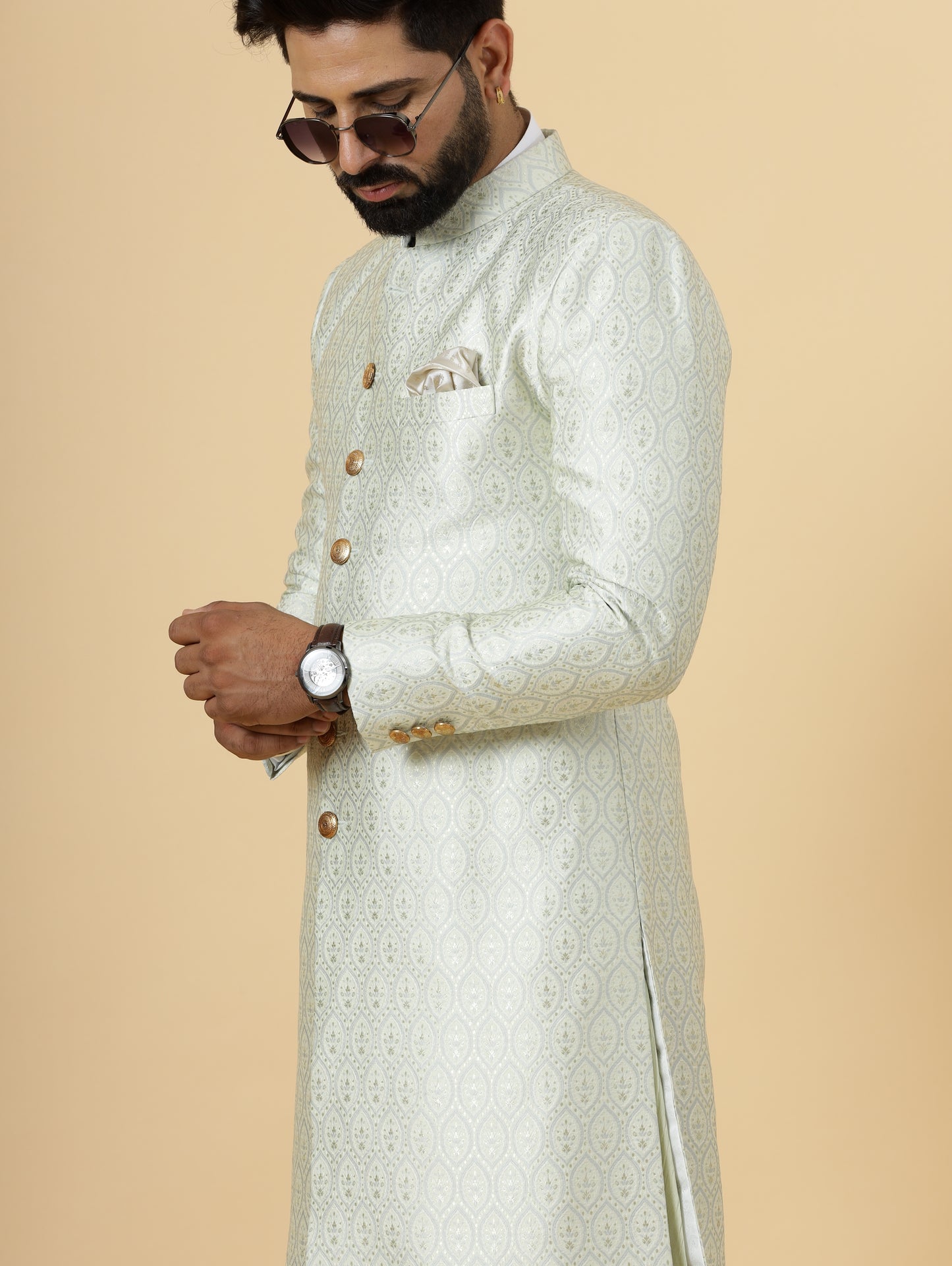 Stunning Beige Banarasi Brocade Achkan for Men | Father Son Combo | Pastel Colour Sherwani | Perfect for Grooms