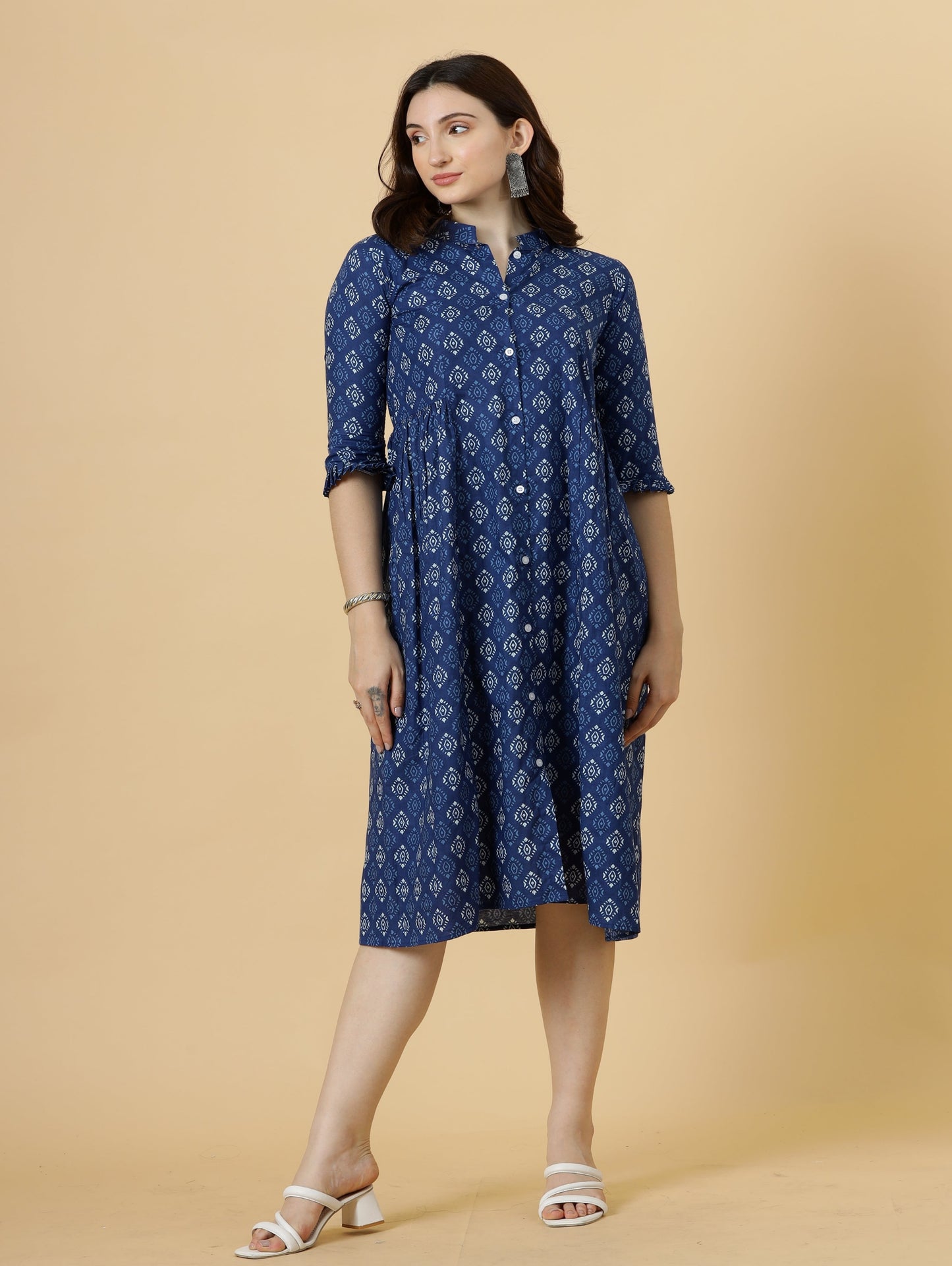 Classy Navy-Blue Sanganeri Block Printed Dress