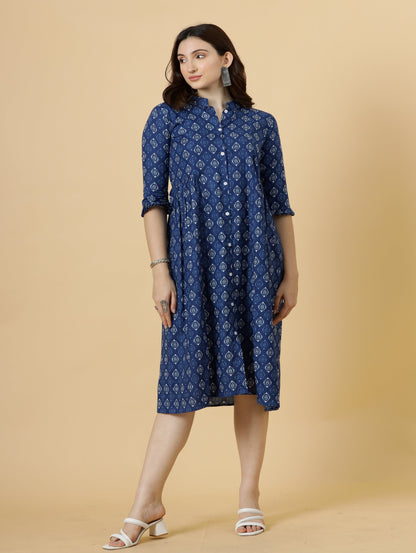 Classy Navy-Blue Sanganeri Block Printed Dress