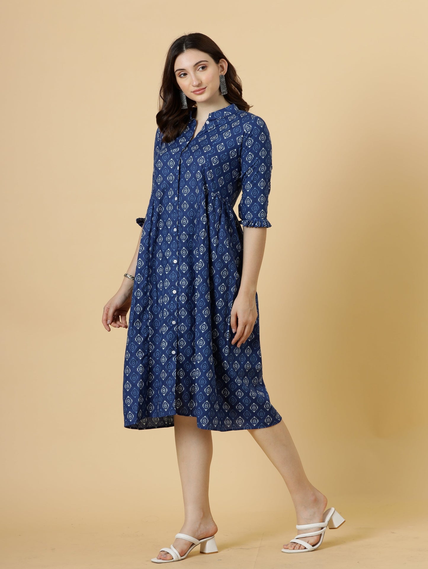 Classy Navy-Blue Sanganeri Block Printed Dress