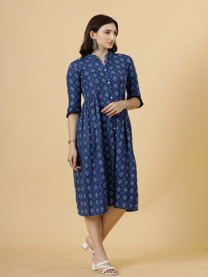 Classy Navy-Blue Sanganeri Block Printed Dress