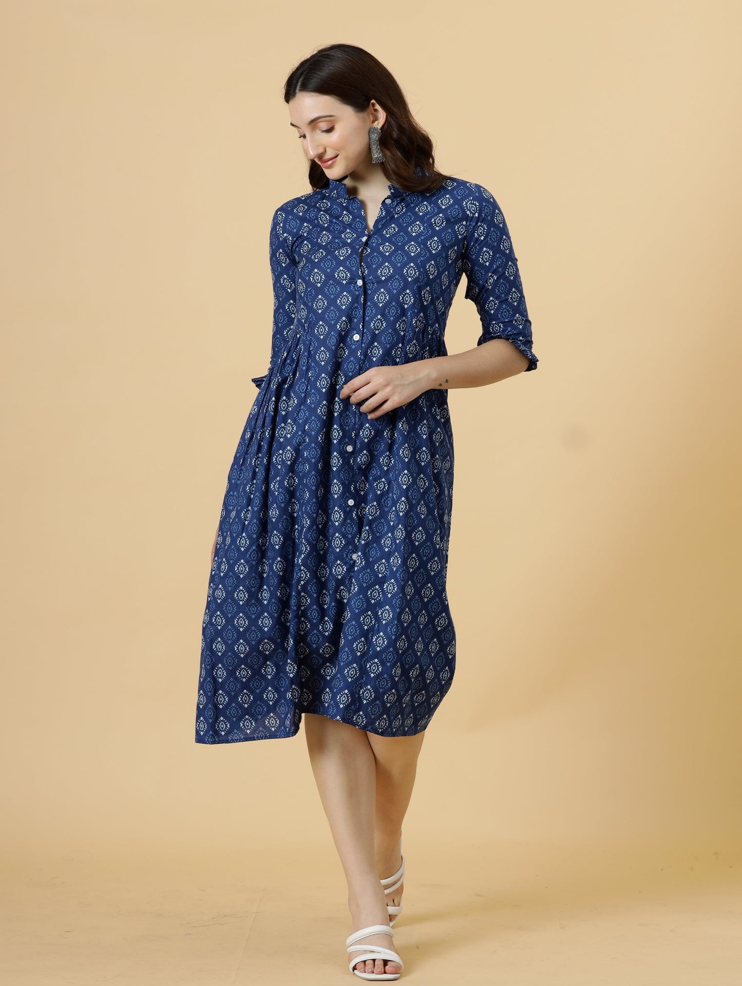 Classy Navy-Blue Sanganeri Block Printed Dress