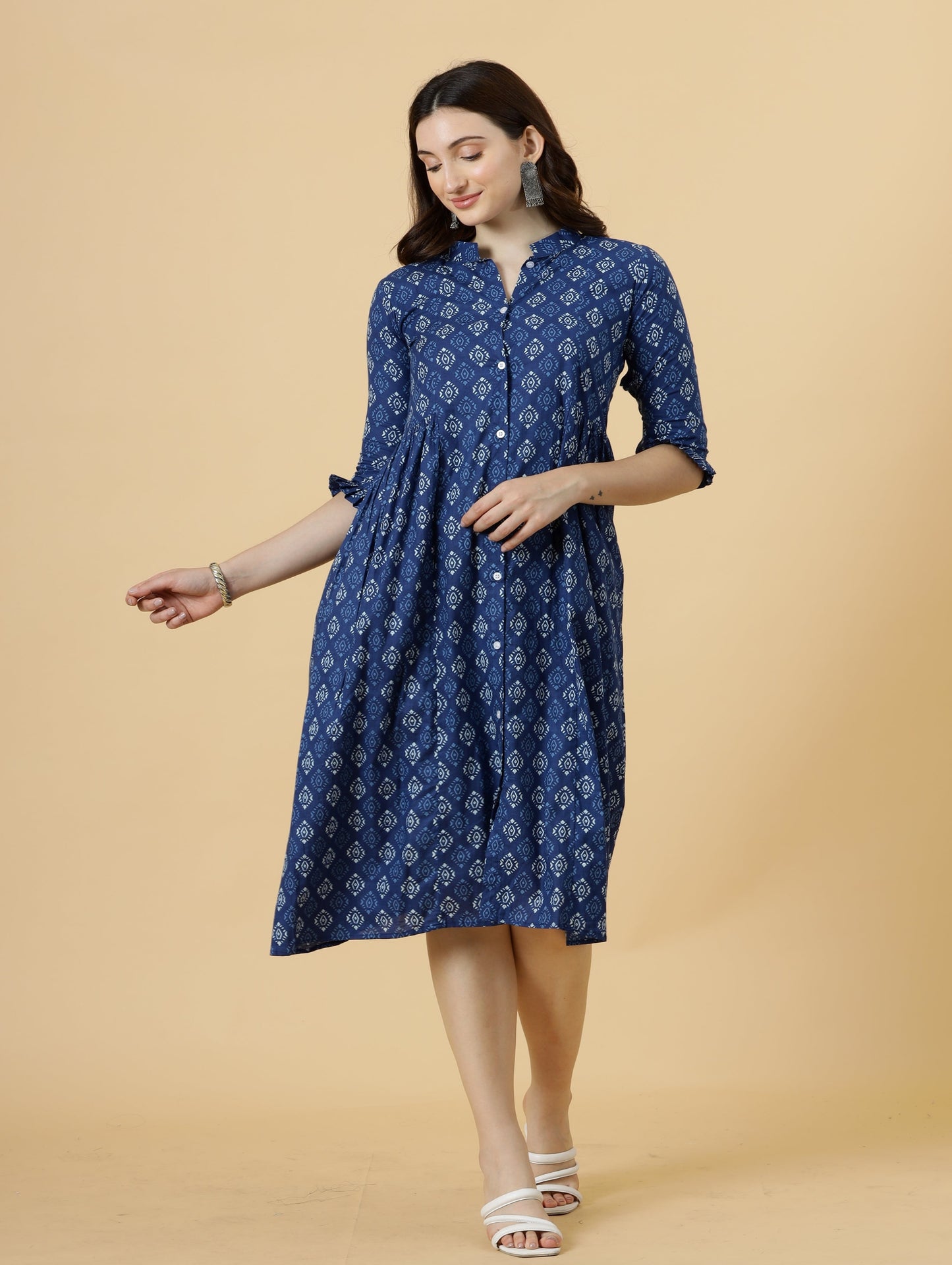 Classy Navy-Blue Sanganeri Block Printed Dress