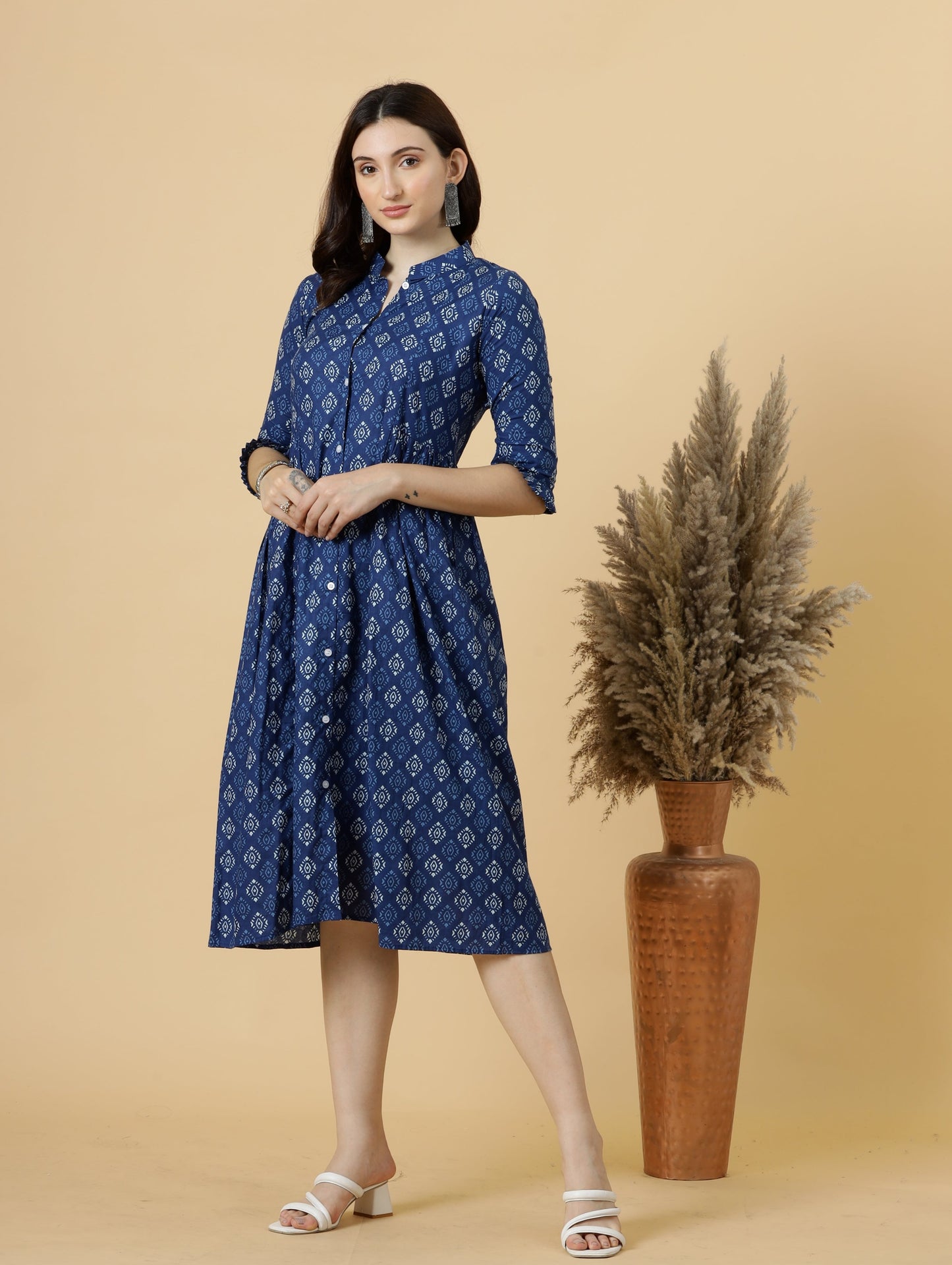 Classy Navy-Blue Sanganeri Block Printed Dress