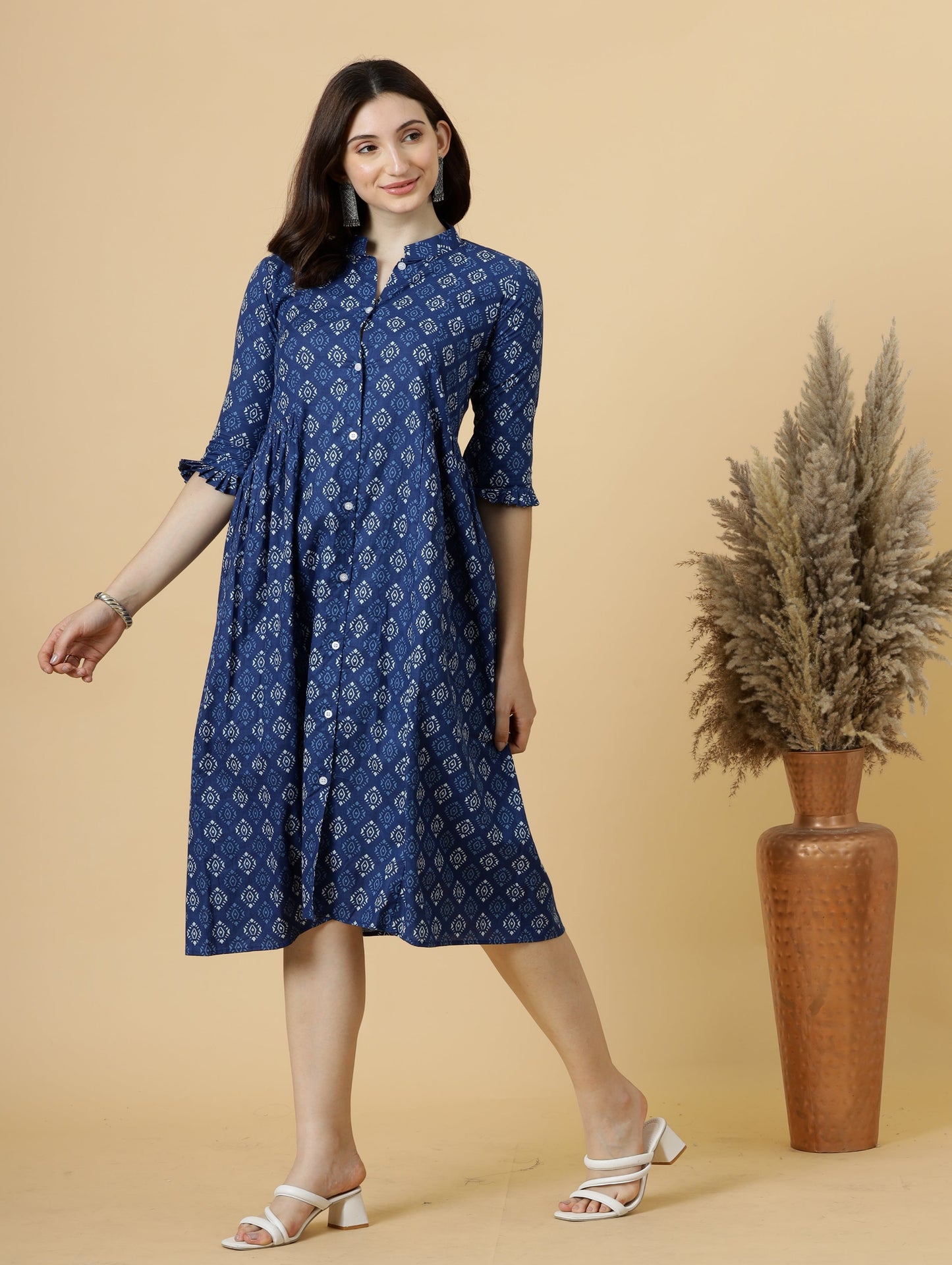 Classy Navy-Blue Sanganeri Block Printed Dress