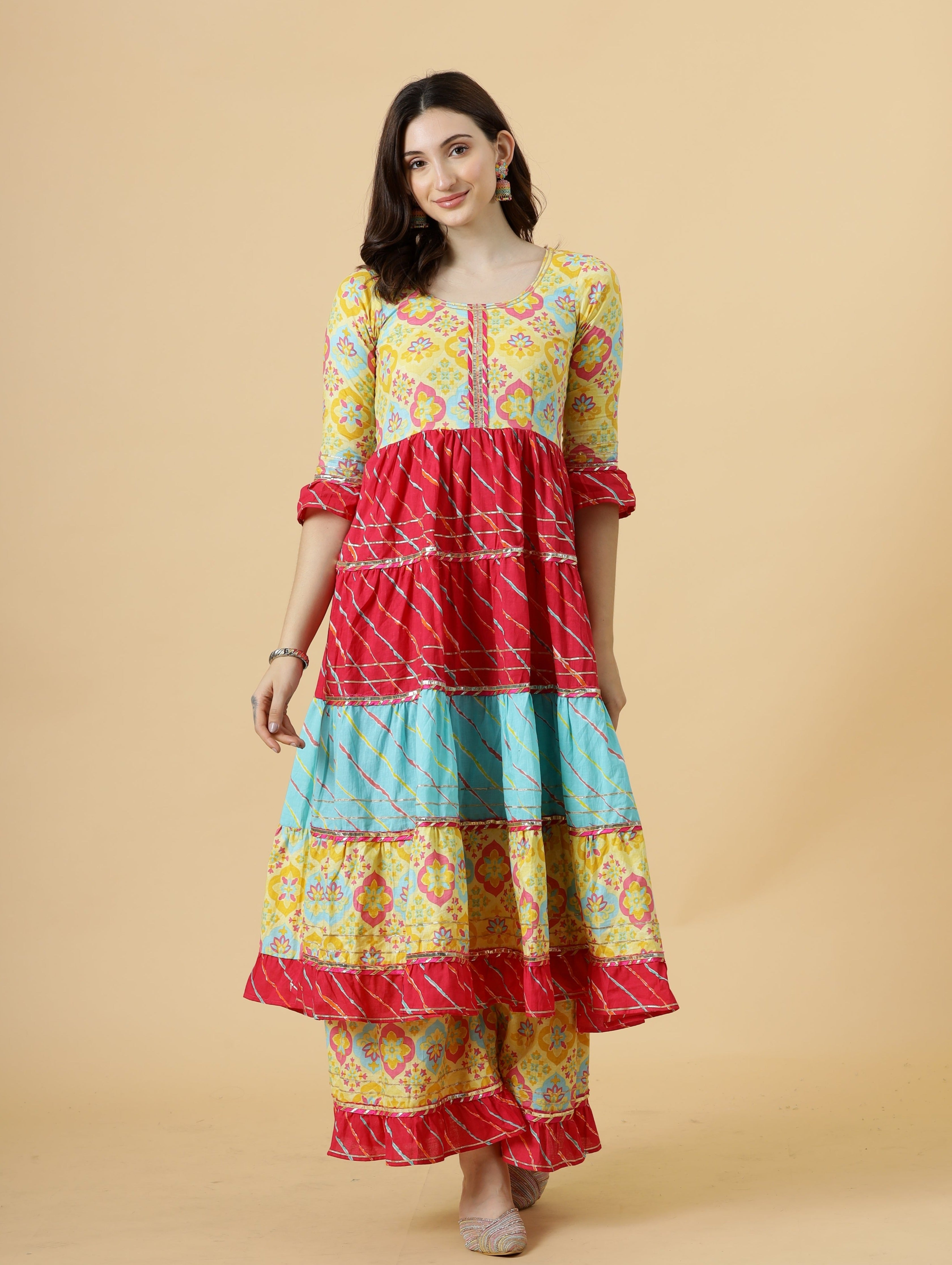 Stylish Multicolor Sanganeri Frock Kurti Palazzo Set Rajanyas