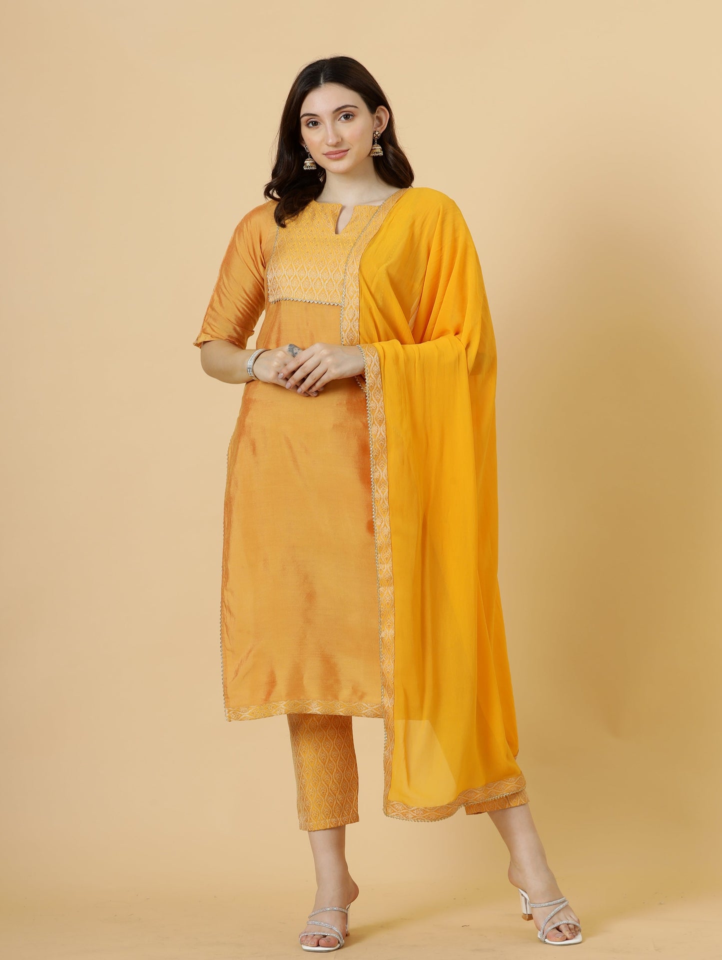 Stunning Amber Silk Straight Kurti with Brocade silk pants