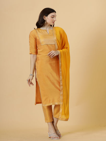 Stunning Amber Silk Straight Kurti with Brocade silk pants