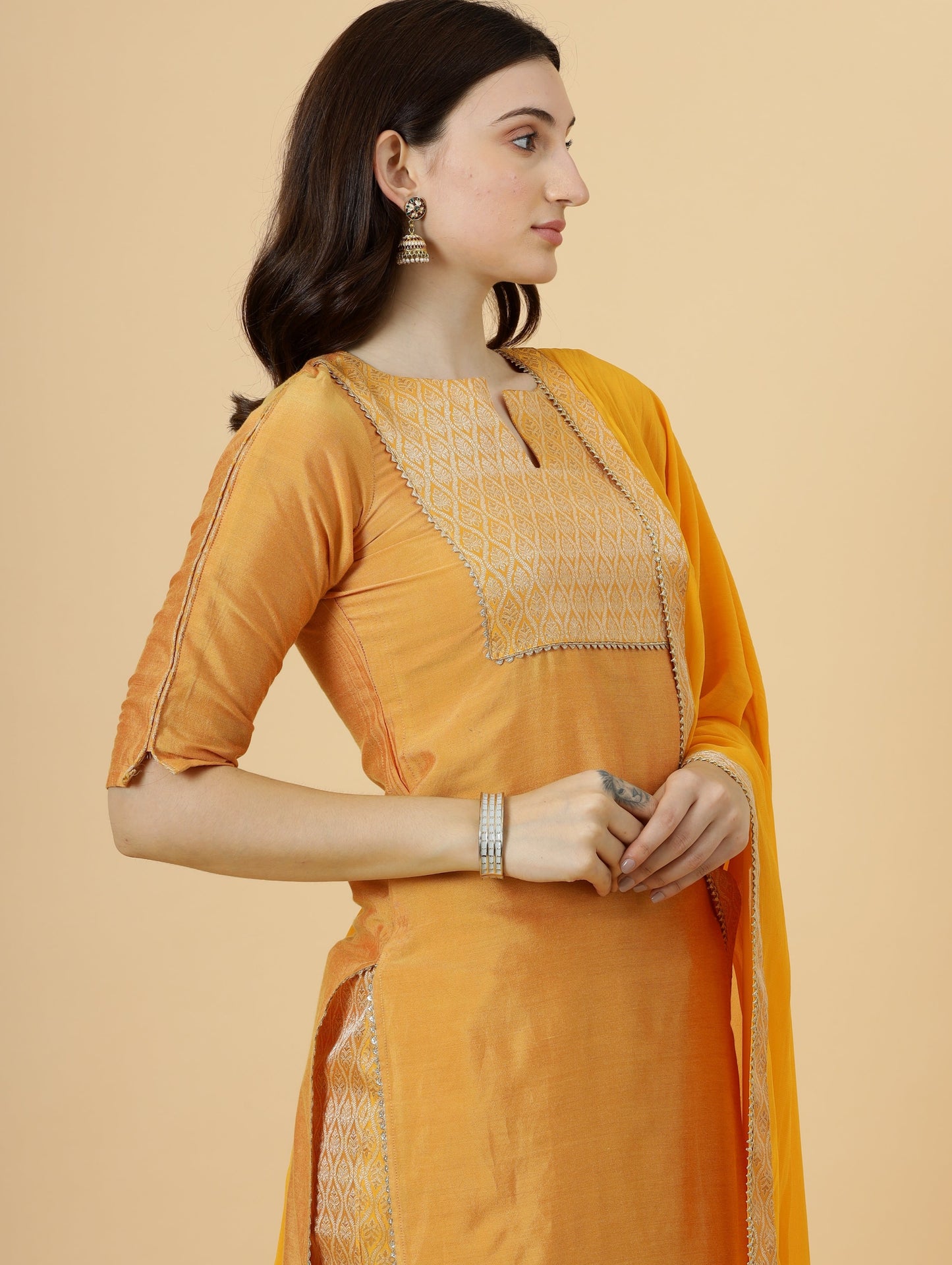 Stunning Amber Silk Straight Kurti with Brocade silk pants