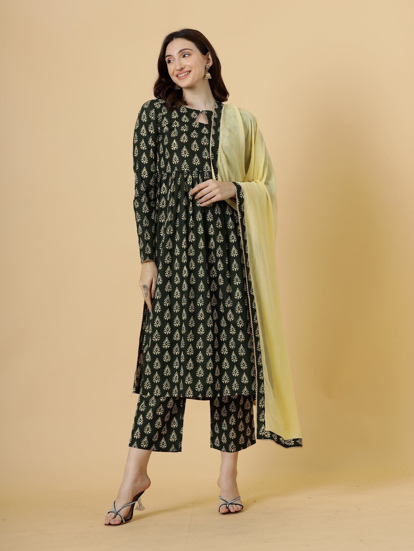 Elegant Pine Green Block Printed Sanganeri Kurti-Palazzo Set