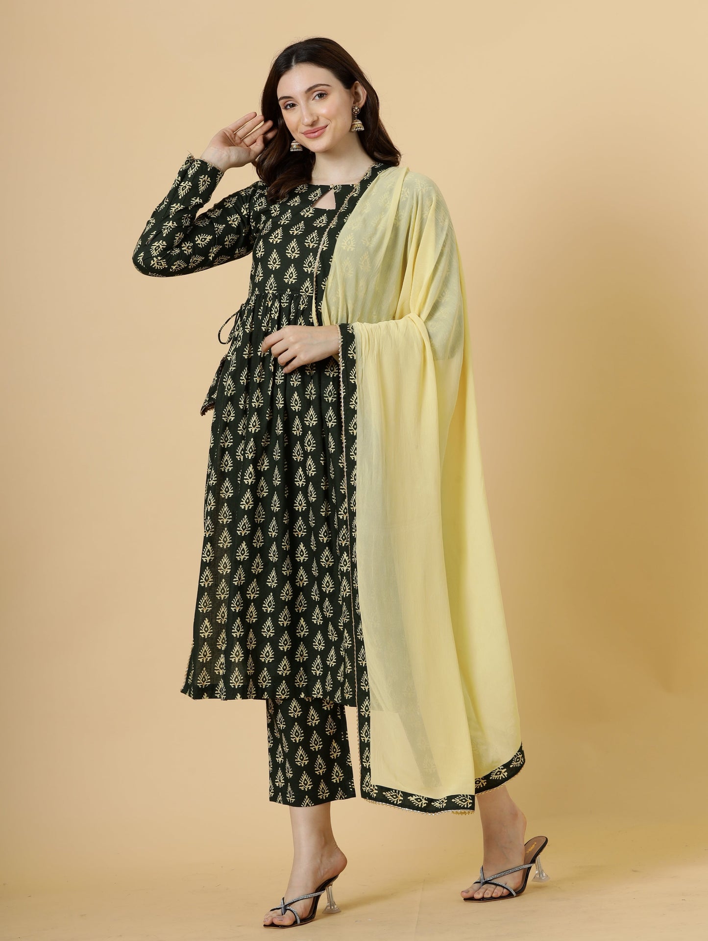 Elegant Pine Green Block Printed Sanganeri Kurti-Palazzo Set