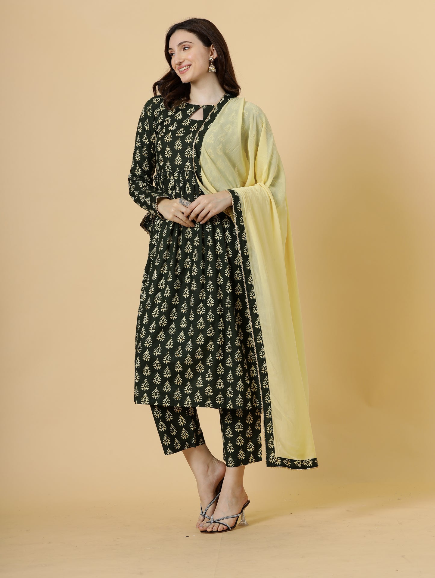 Elegant Pine Green Block Printed Sanganeri Kurti-Palazzo Set