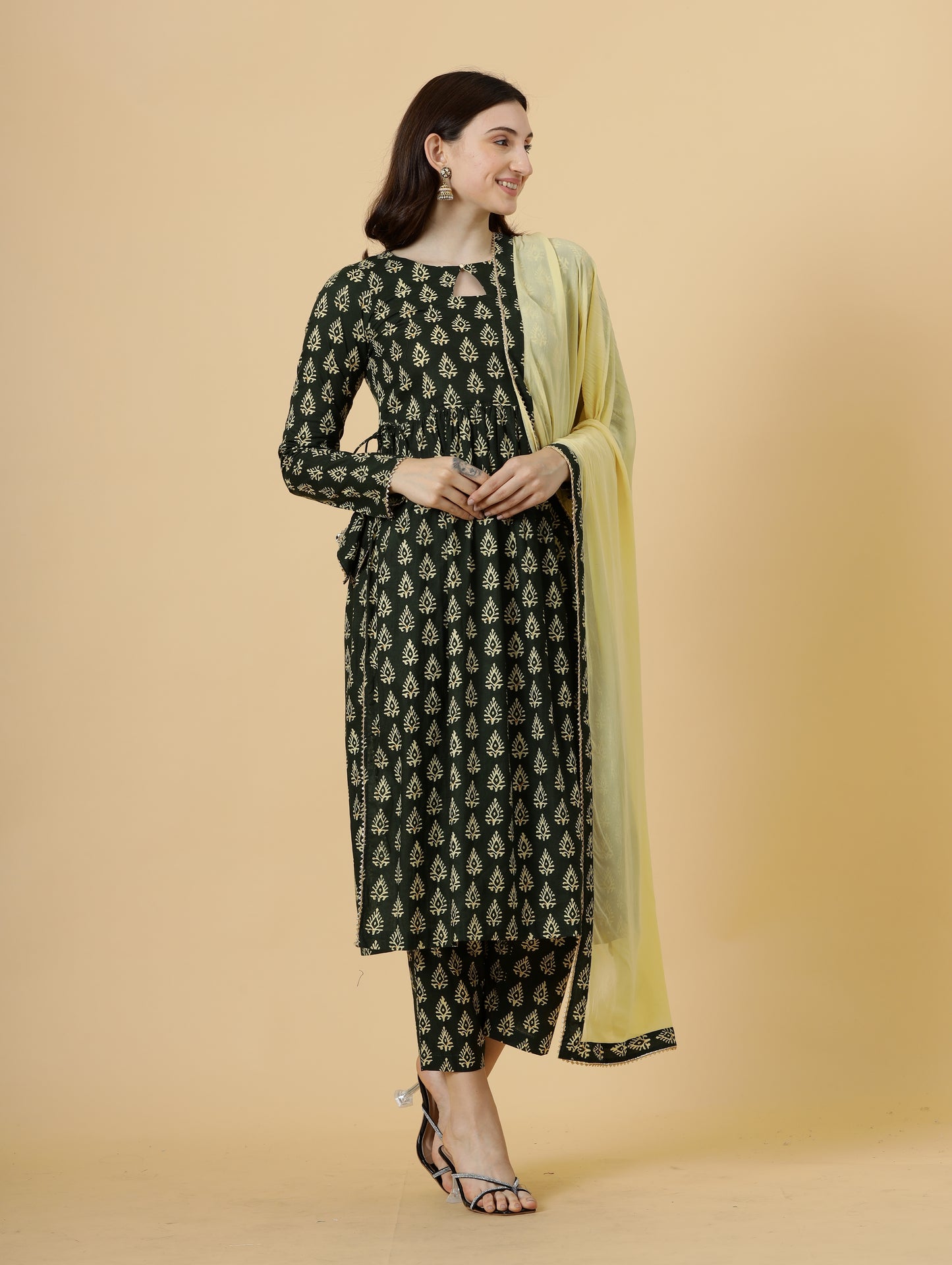 Elegant Pine Green Block Printed Sanganeri Kurti-Palazzo Set