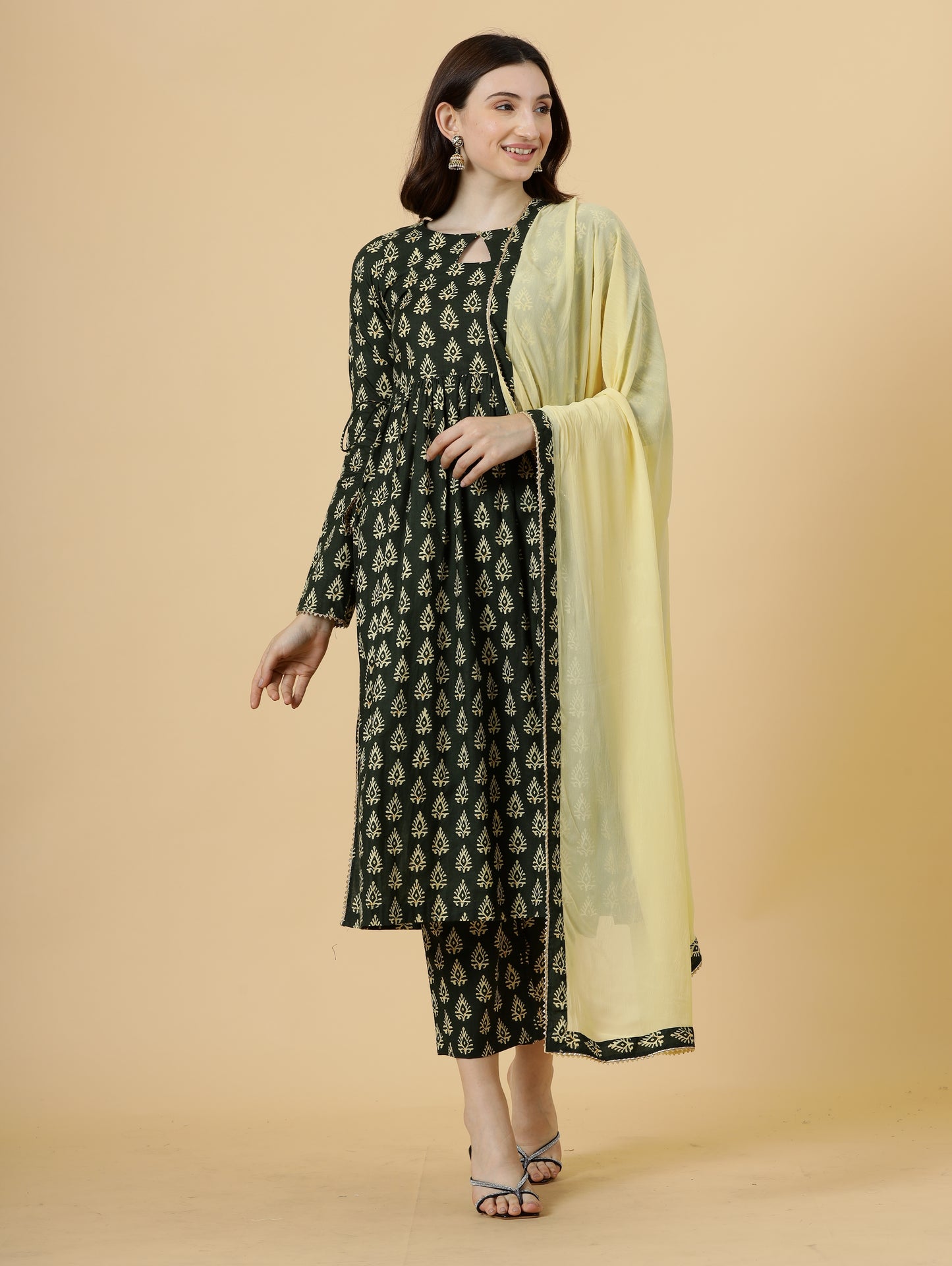 Elegant Pine Green Block Printed Sanganeri Kurti-Palazzo Set