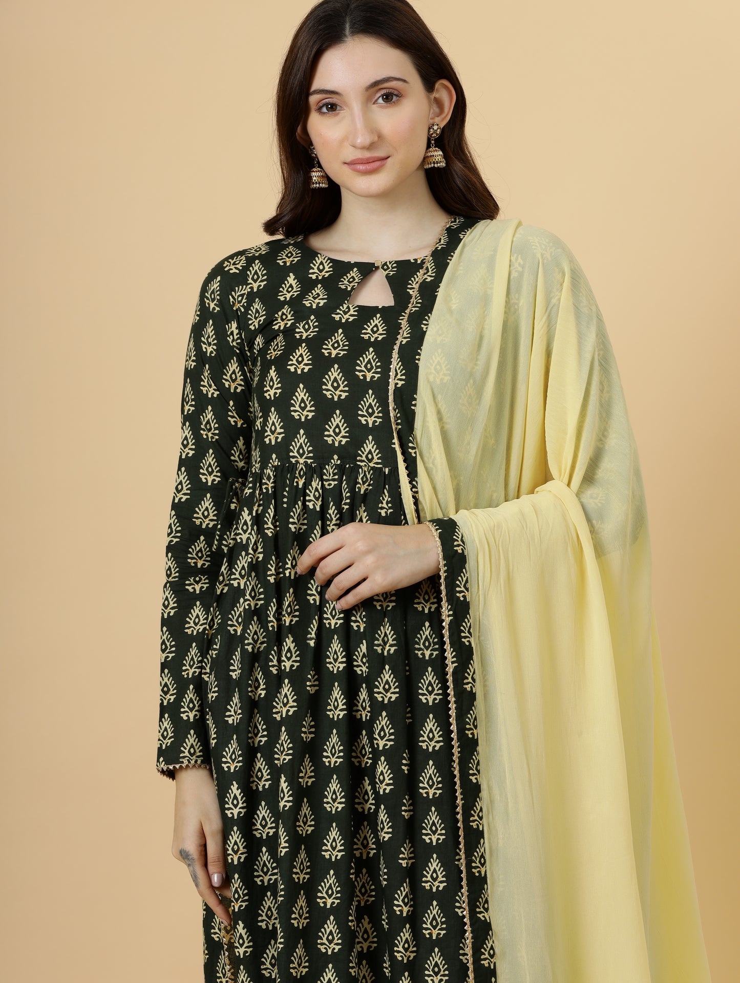 Elegant Pine Green Block Printed Sanganeri Kurti-Palazzo Set