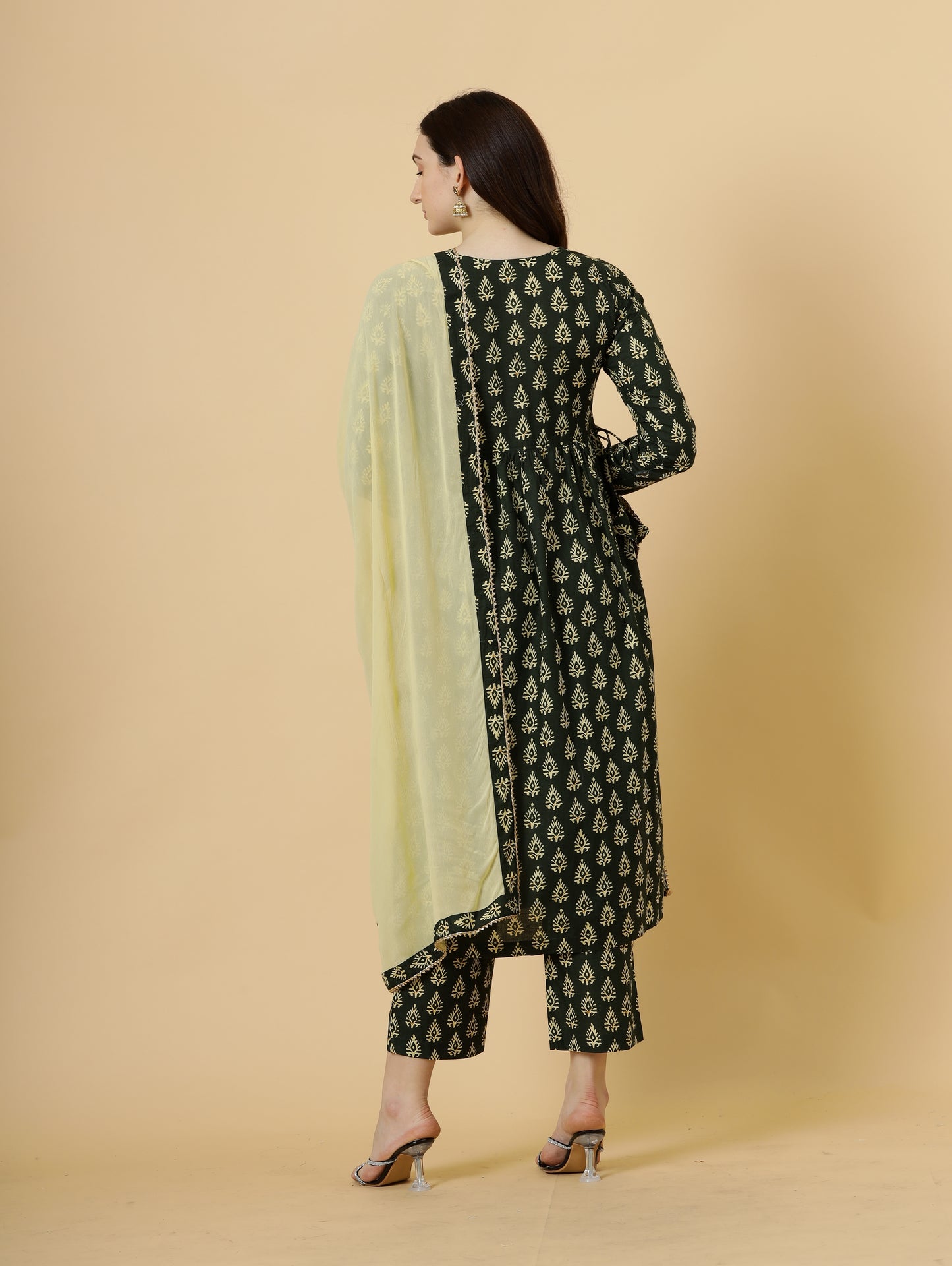 Elegant Pine Green Block Printed Sanganeri Kurti-Palazzo Set