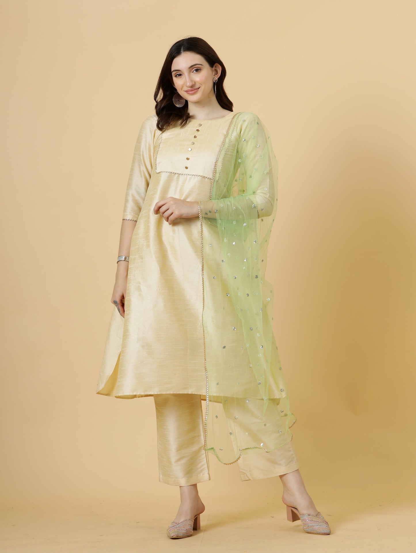 Stylish Cream A-Line Kurti-Palazzo Set paired with Lime Green Sequin dupatta