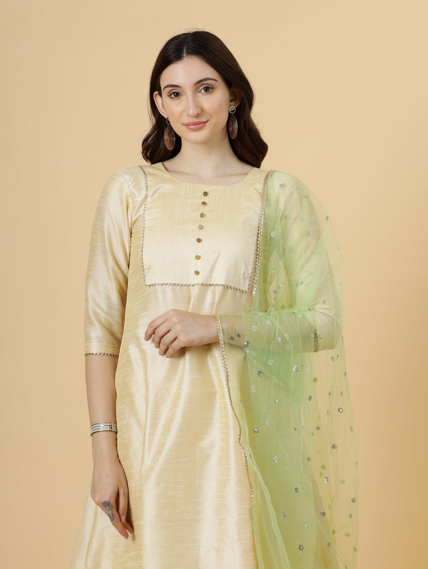 Stylish Cream A-Line Kurti-Palazzo Set paired with Lime Green Sequin dupatta