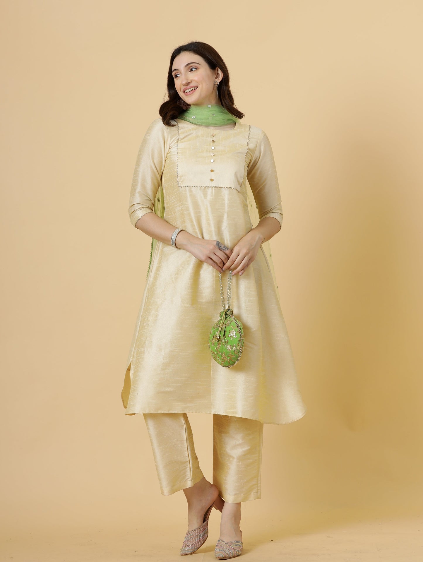 Stylish Cream A-Line Kurti-Palazzo Set paired with Lime Green Sequin dupatta