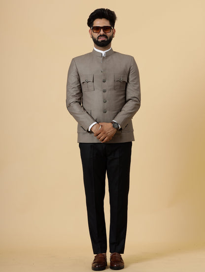 Bespoke Mink Brown Jodhpuri Bandhgala with patch elbow detail for Men | Black Trouser |