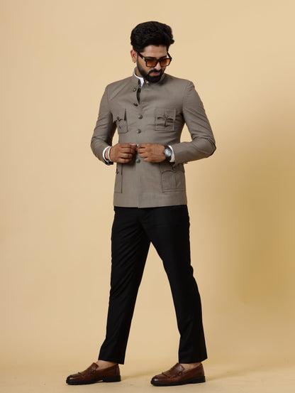 Bespoke Mink Brown Jodhpuri Bandhgala with patch elbow detail for Men | Black Trouser |