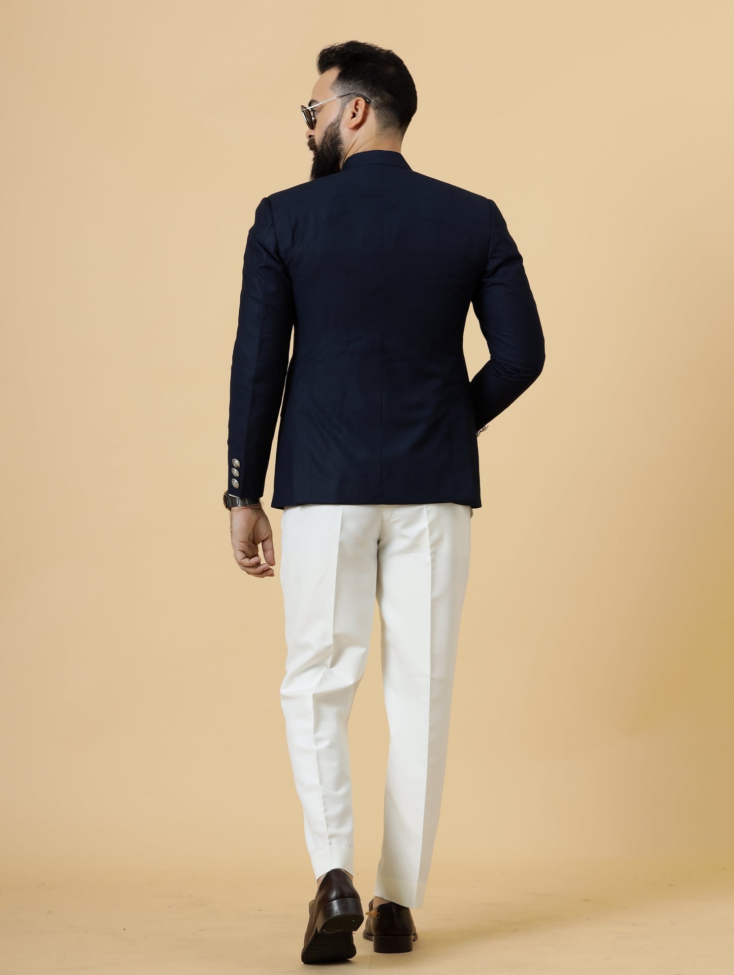 Stunning Line thread embroidered Navy Blue Jodhpuri Bandhgala with White Trouser