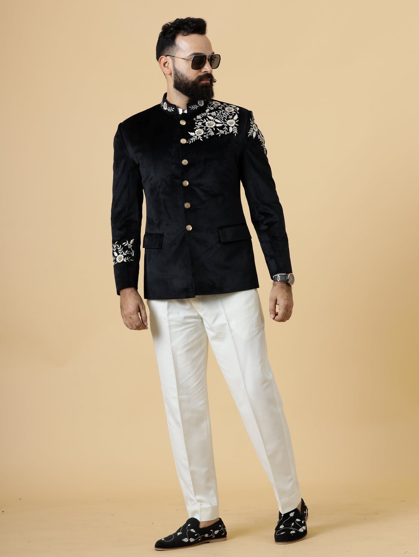 Black Velvet Bandhgala with Hand Floral Threadwork with White Trouser