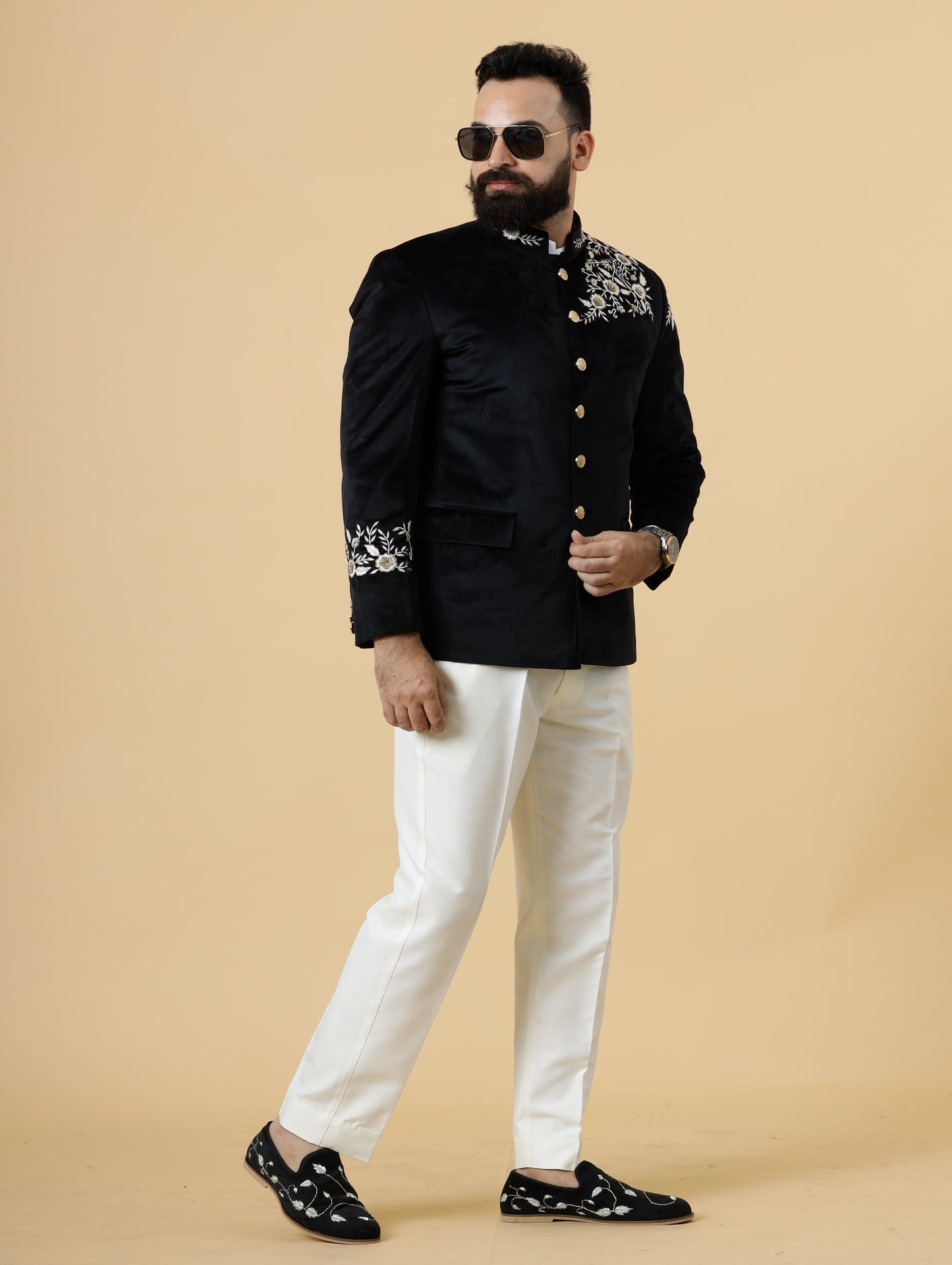 Black Velvet Bandhgala with Hand Floral Threadwork with White Trouser