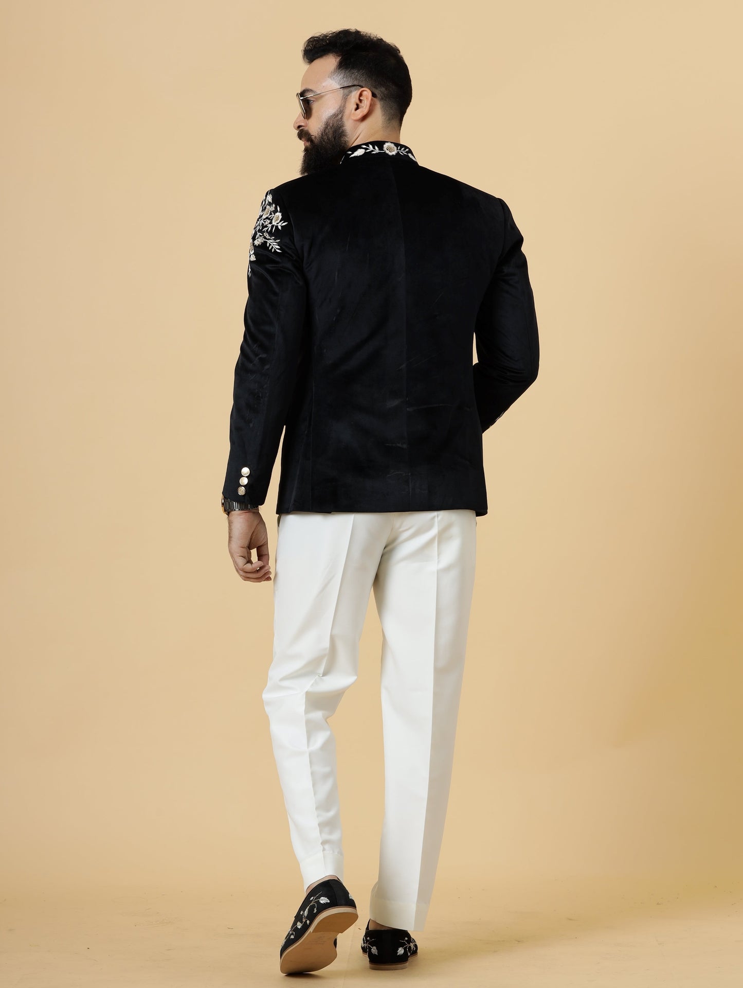 Black Velvet Bandhgala with Hand Floral Threadwork with White Trouser