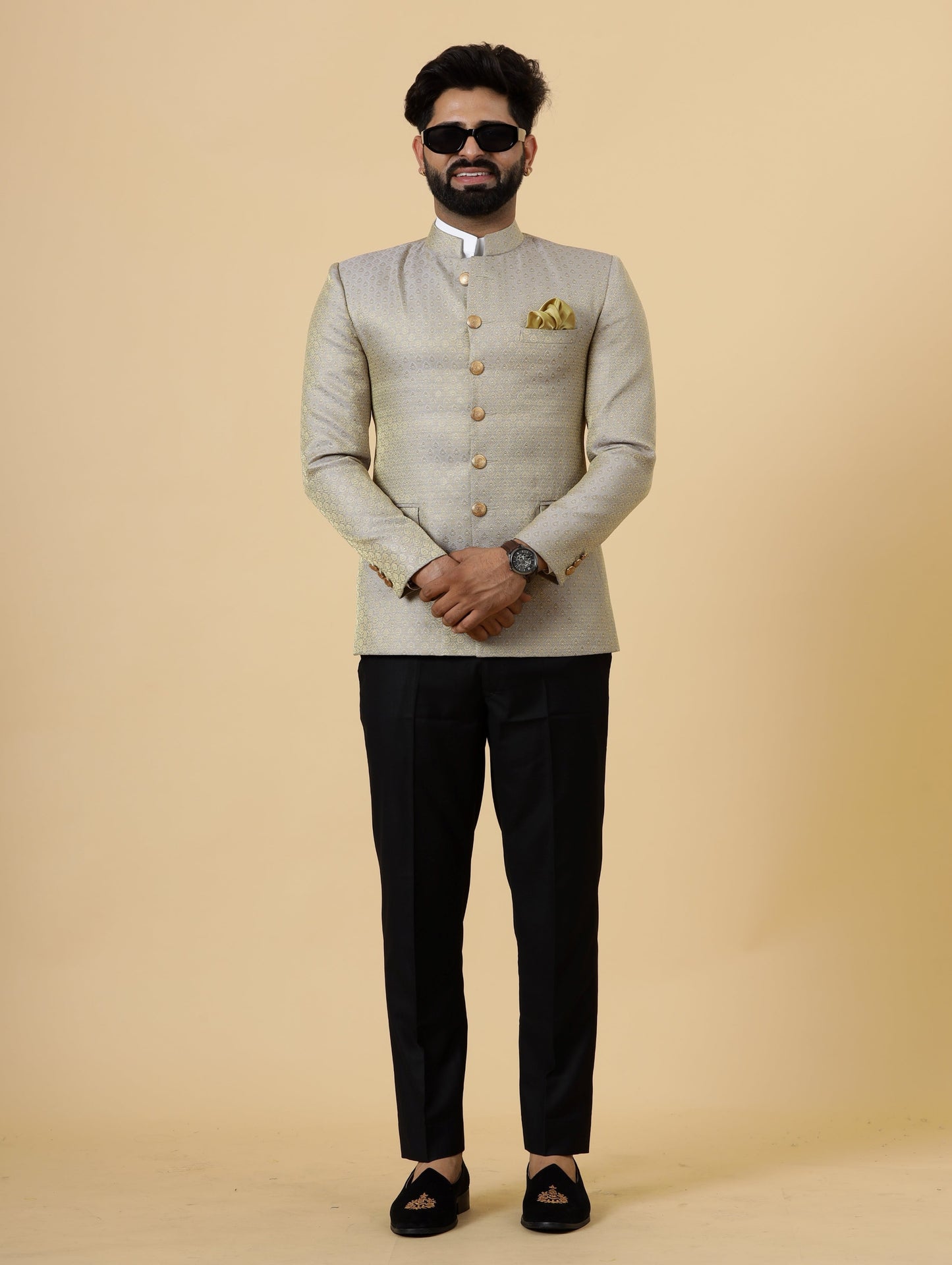 Bespoke Grey-Golden Brocade Silk Jodhpuri Bandhgala for Men