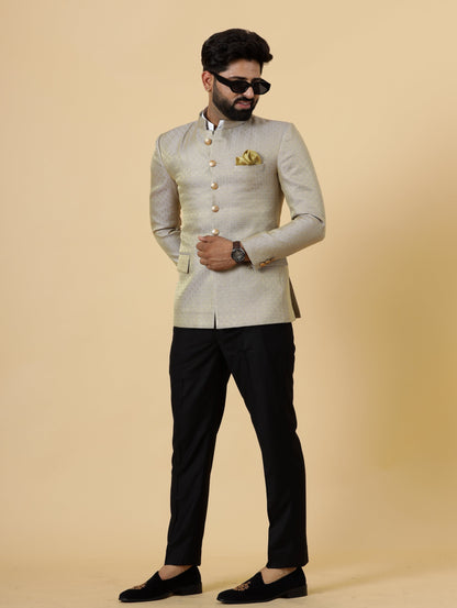 Bespoke Grey-Golden Brocade Silk Jodhpuri Bandhgala for Men