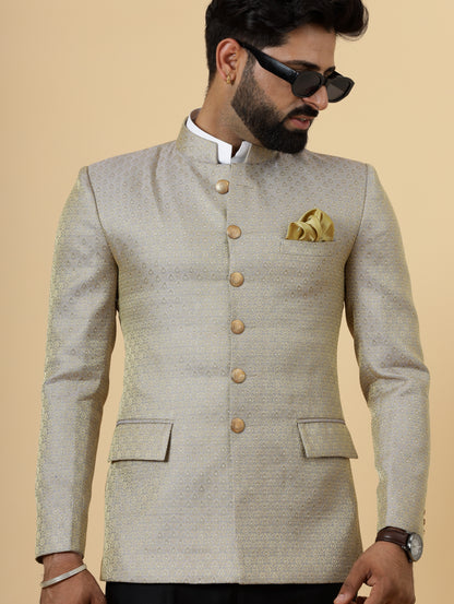 Bespoke Grey-Golden Brocade Silk Jodhpuri Bandhgala for Men