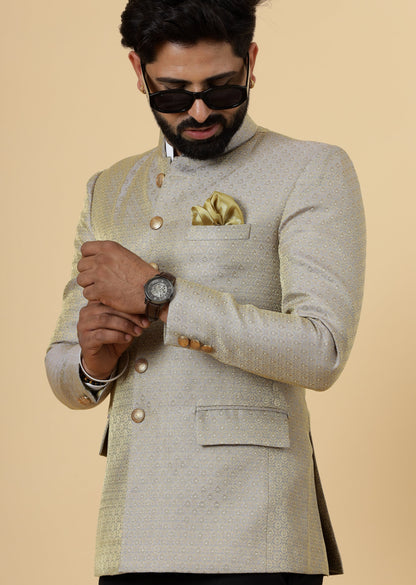 Bespoke Grey-Golden Brocade Silk Jodhpuri Bandhgala for Men