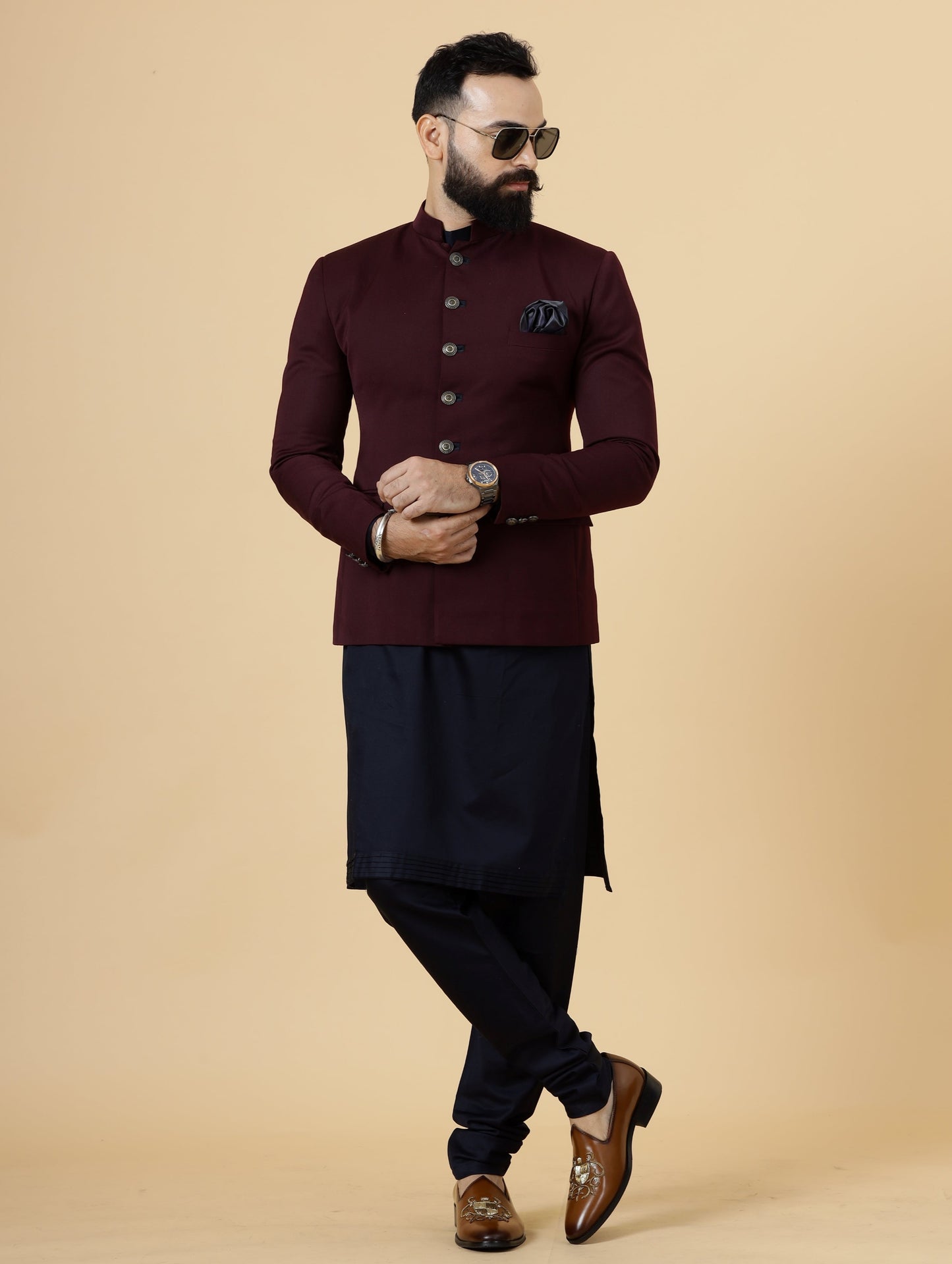 Stunning Wine Jodhpuri Bandhgala With Navy Blue Kurta Pajama