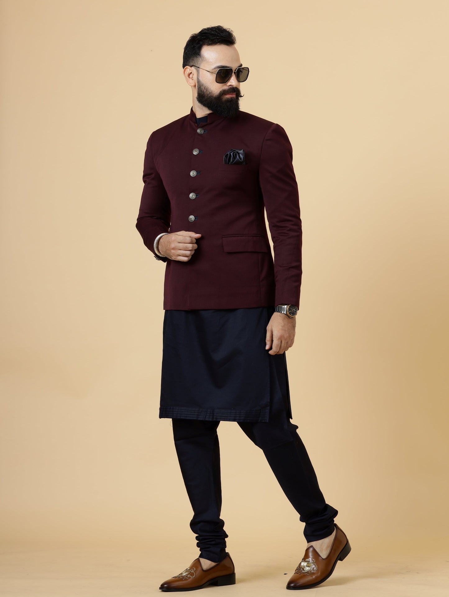 Stunning Wine Jodhpuri Bandhgala With Navy Blue Kurta Pajama