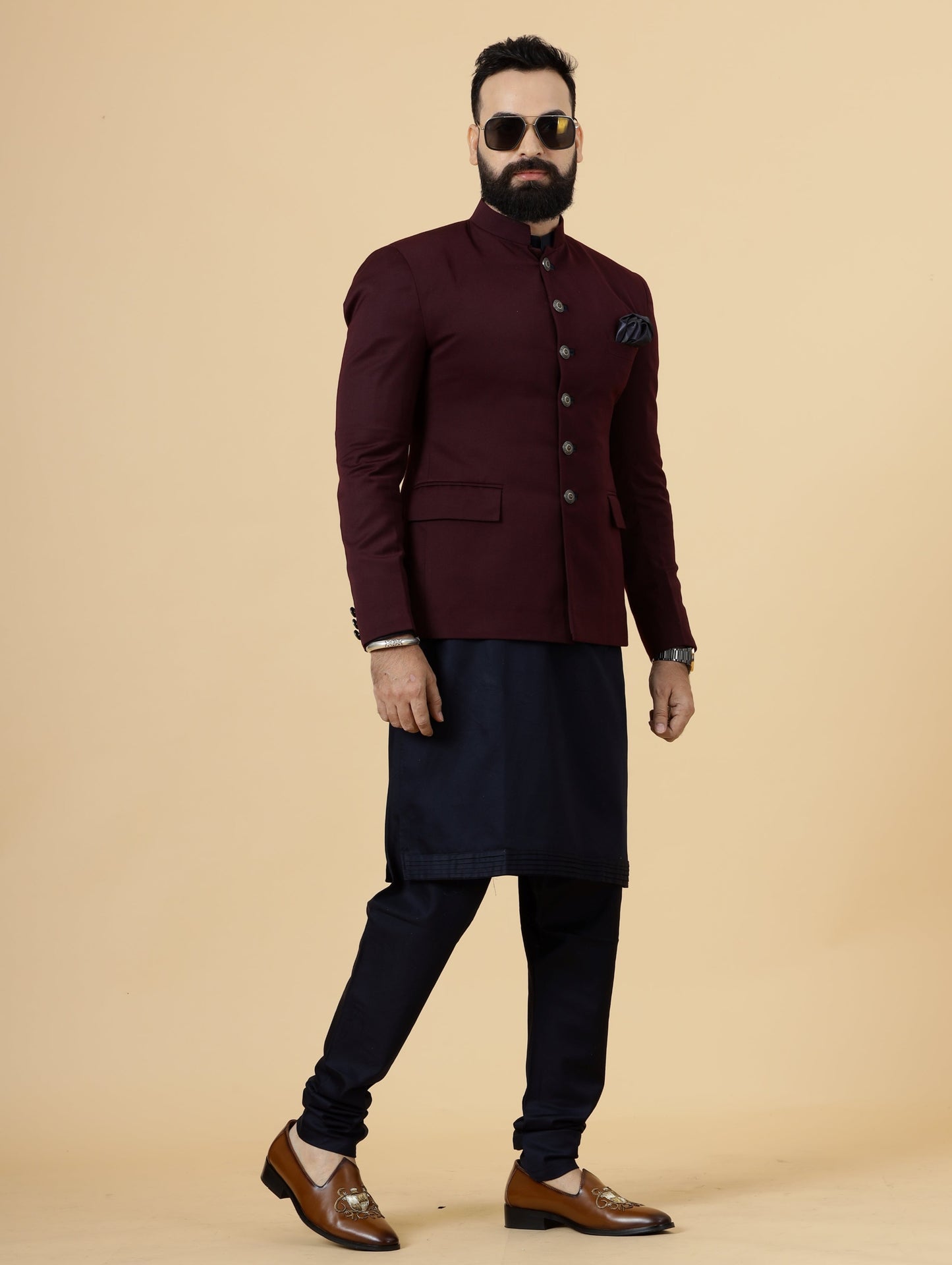 Stunning Wine Jodhpuri Bandhgala With Navy Blue Kurta Pajama