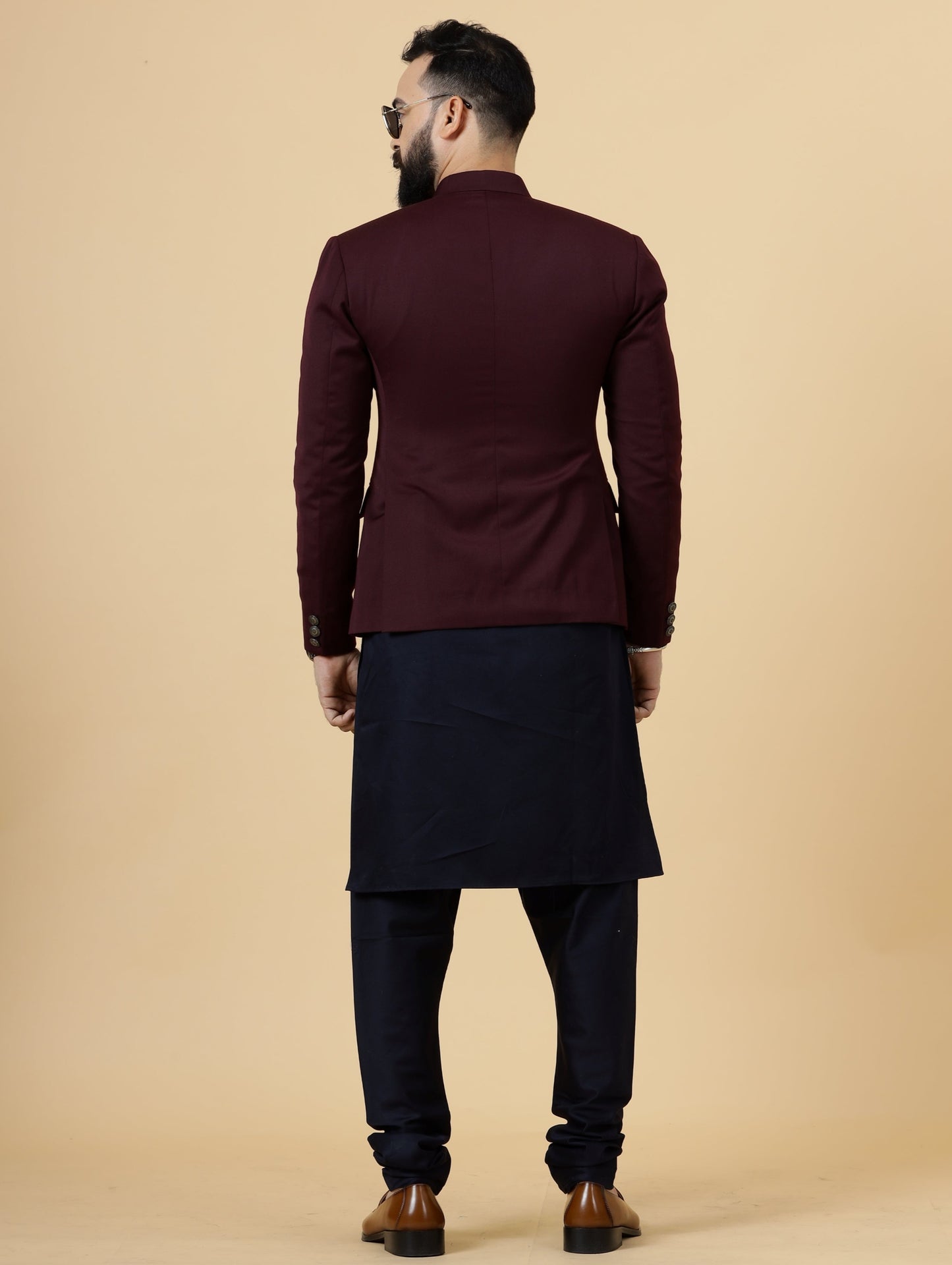 Stunning Wine Jodhpuri Bandhgala With Navy Blue Kurta Pajama