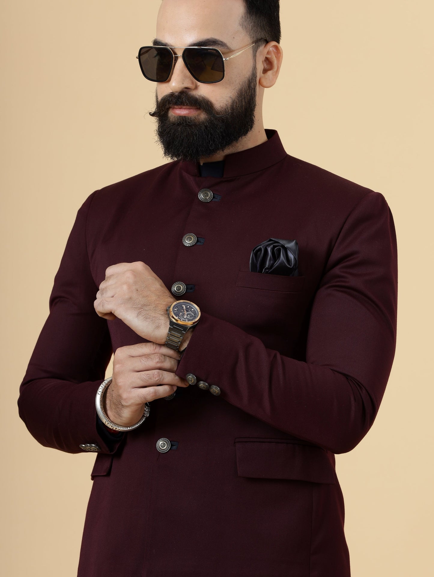 Stunning Wine Jodhpuri Bandhgala With Navy Blue Kurta Pajama