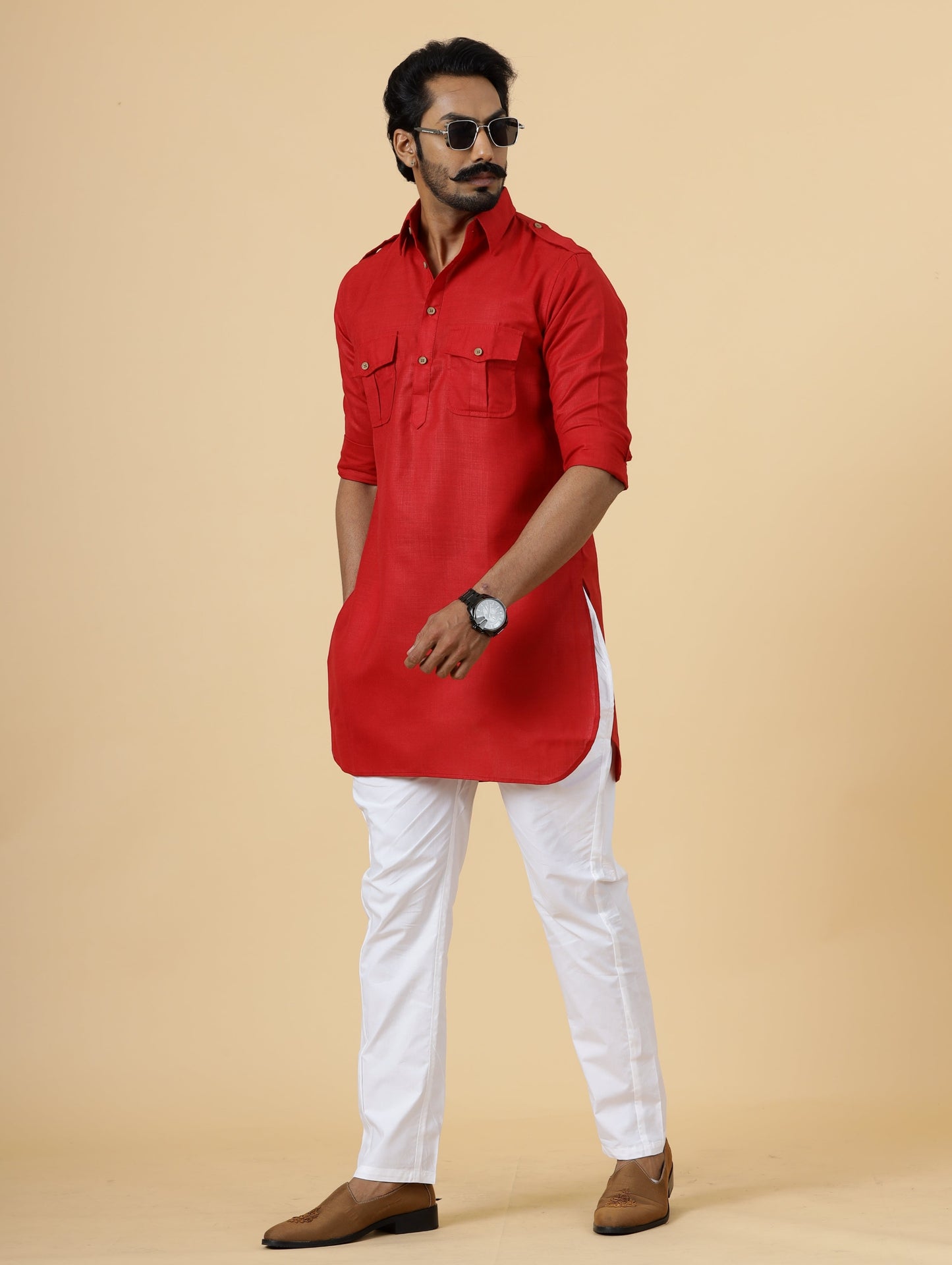 Red Hunting Style Kurta-Pajama Set