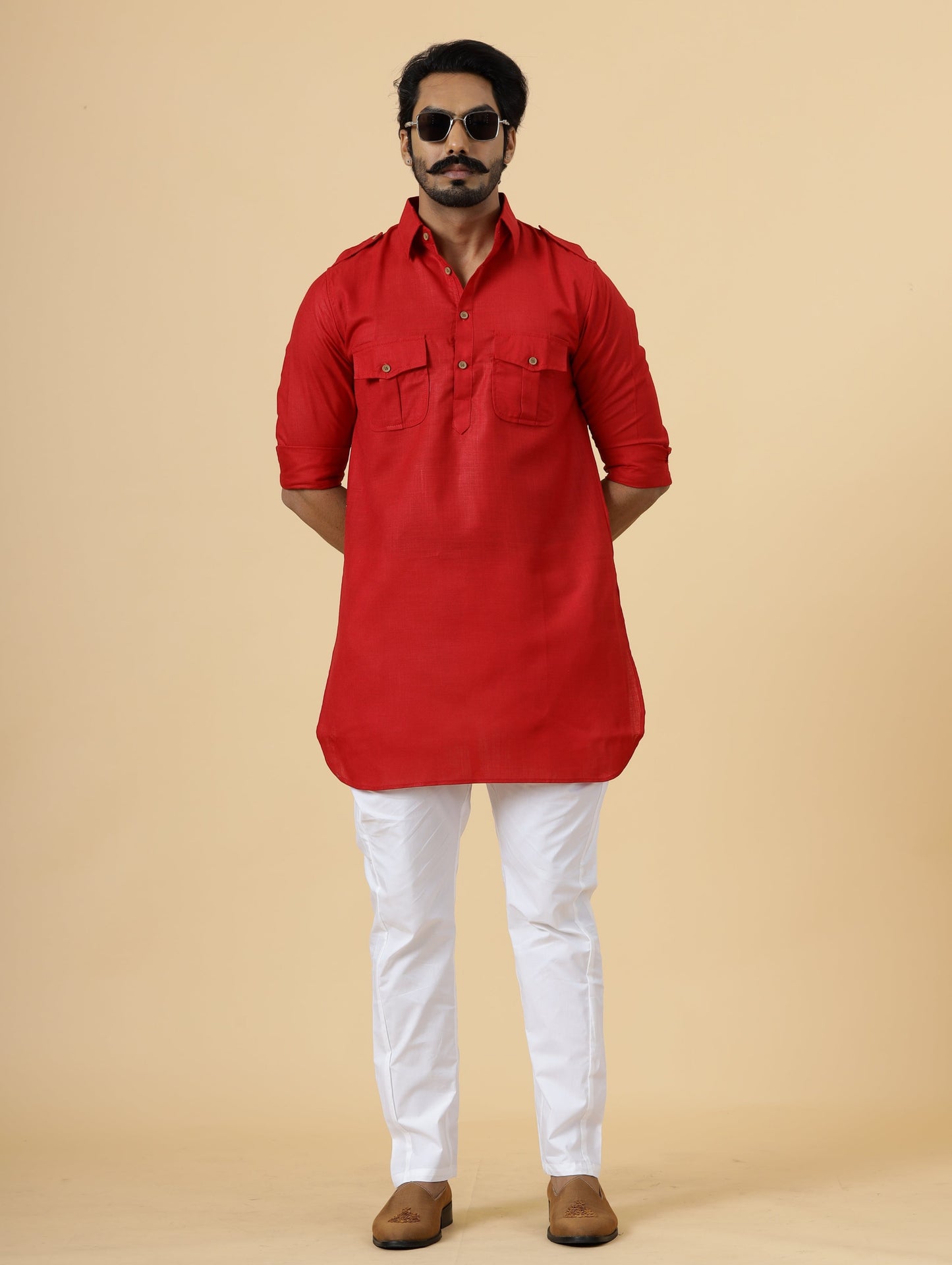 Red Hunting Style Kurta-Pajama Set